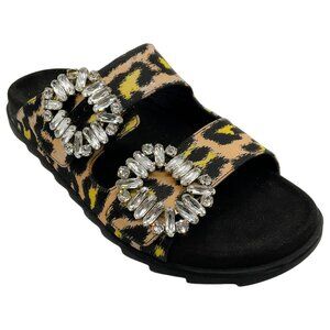 Roger Vivier Black / Brown Animal Print Double Rhinestone Buckle Sandals